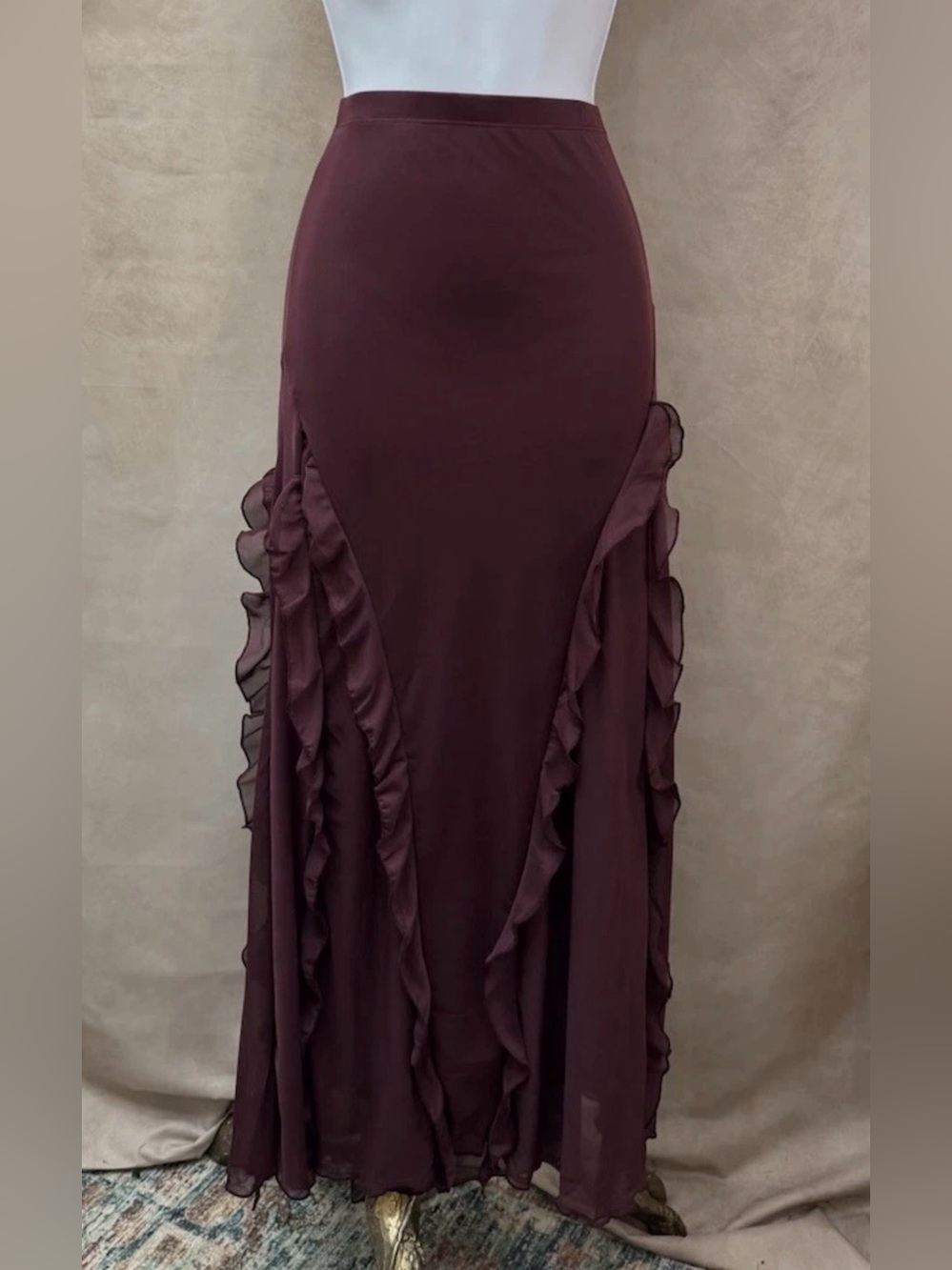 NWT Cosmic Aura Merlot Asymmetrical Ruffle Stretch Midi Skirt Size S